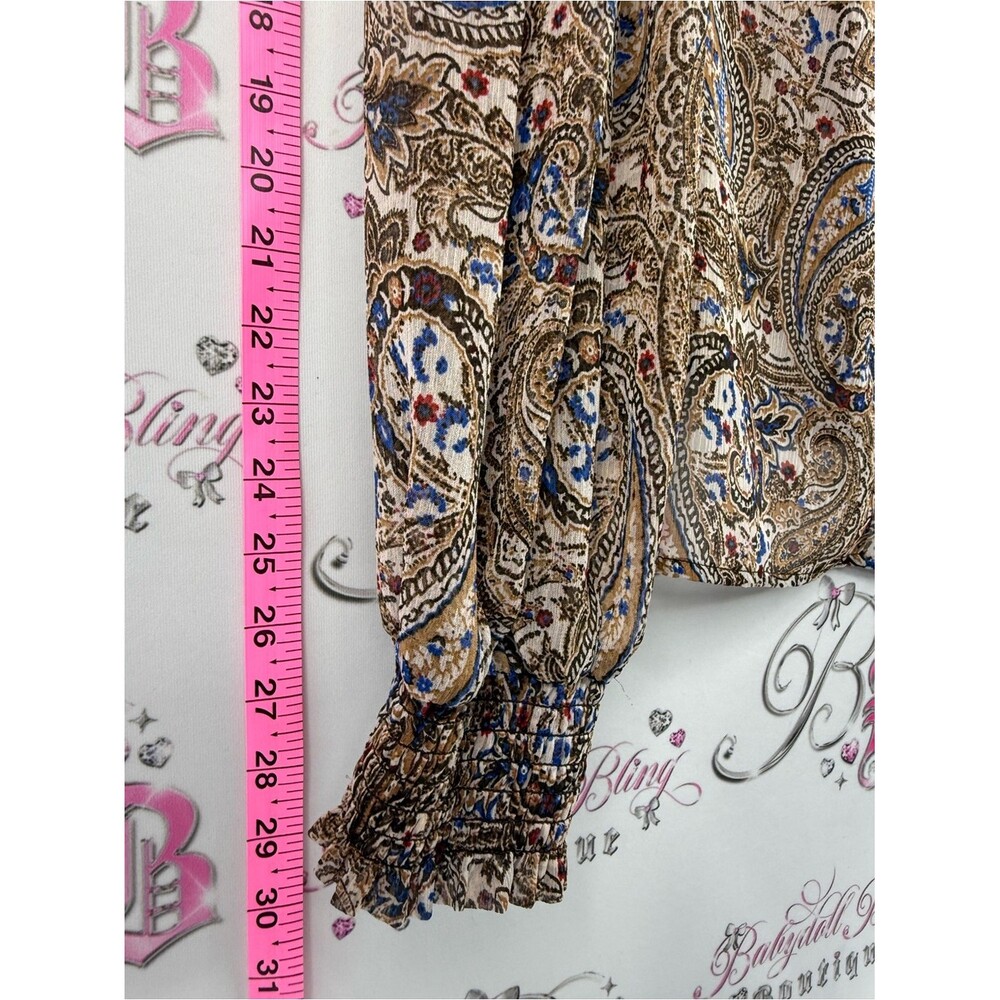 Zara blouse long sleeves tassels Beige Paisley Blouse with Blue & Brown Accents - Picture 3 of 12